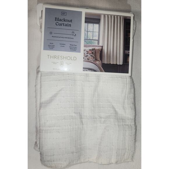 Threshold black out curtain set W 54'' x L 63'' New ivory texture plaid - Picture 2 of 9